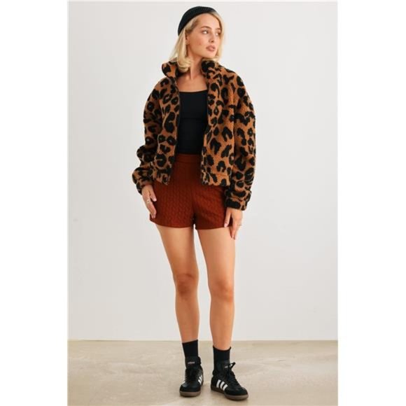 Hannah Joy Jackets & Blazers - Camel Leopard Print Fuzzy Teddy Knit Zip-up Jacket With Pockets For Women